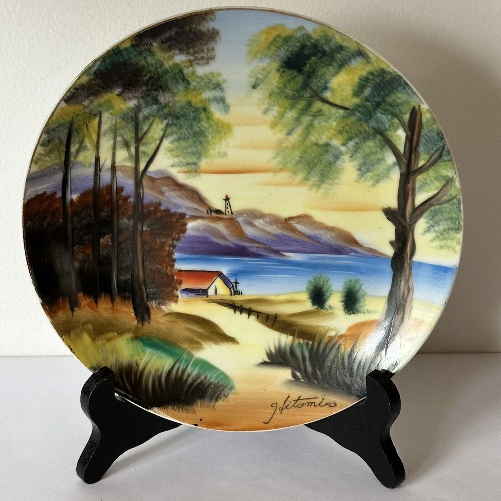 8” Hitomi Hand Painted Plates Scenery Landscape Japan Kitchen Dining Decor